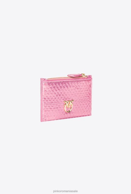 posete | Suport card galleria cu fermoar din piele de reptilă laminată Pinko pudra roz-aur strălucitor B0D081178
