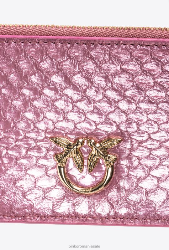 posete | Suport card galleria cu fermoar din piele de reptilă laminată Pinko pudra roz-aur strălucitor B0D081178