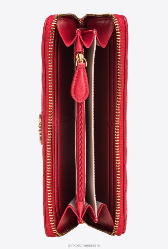 posete | portofel cu fermoar din piele nappa cu model chevron Pinko roșu granat-aur antic B0D081158