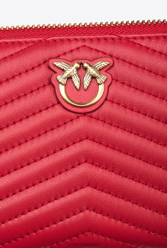 posete | portofel cu fermoar din piele nappa cu model chevron Pinko roșu granat-aur antic B0D081158