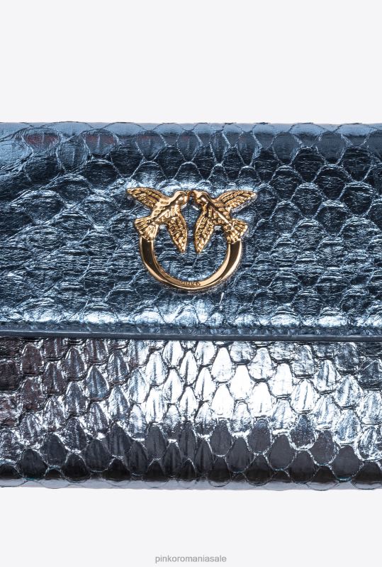 posete | poseta galleria compacta din piele de reptila laminata Pinko albastru deschis-aur strălucitor B0D081167