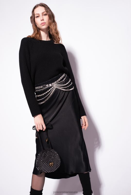 fuste până la jumătatea gambei | fusta din satin cu centura bijuterie Pinko limuzina neagră B0D08923