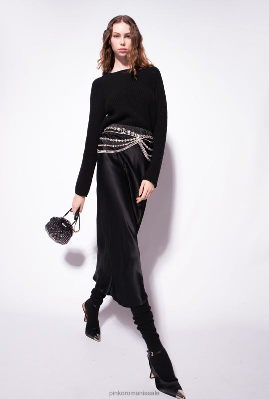 fuste până la jumătatea gambei | fusta din satin cu centura bijuterie Pinko limuzina neagră B0D08923