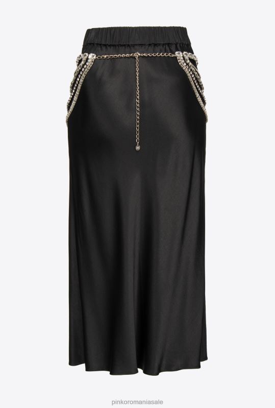 fuste până la jumătatea gambei | fusta din satin cu centura bijuterie Pinko limuzina neagră B0D08923