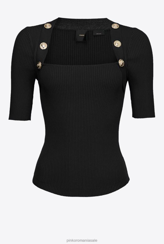 pulovere | top din tricot în coastă cu nasturi aurii Pinko limuzina neagră B0D08492