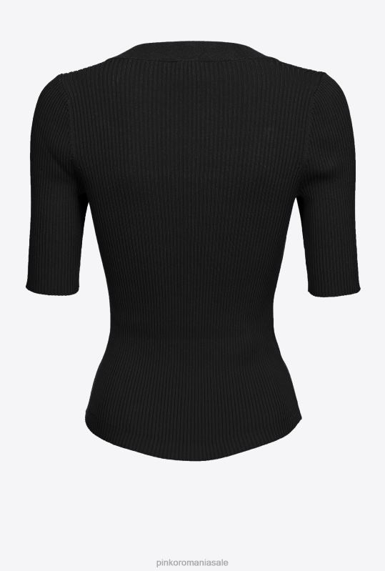 pulovere | top din tricot în coastă cu nasturi aurii Pinko limuzina neagră B0D08492