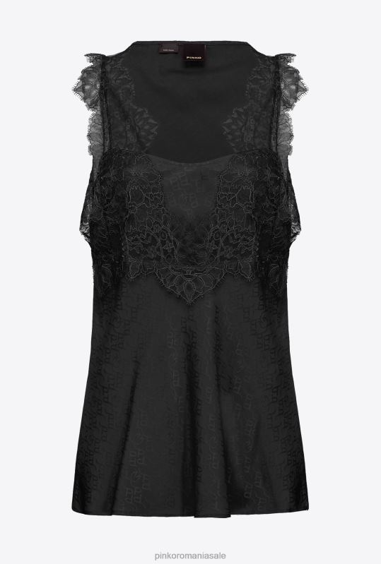 sus | Top cu logo jacquard cu dantela Pinko limuzina neagră B0D08328