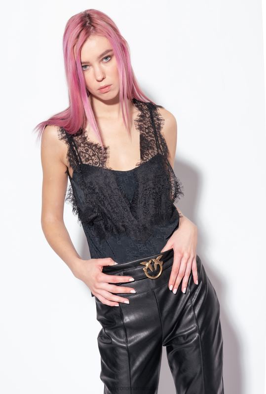 sus | Top cu logo jacquard cu dantela Pinko limuzina neagră B0D08472