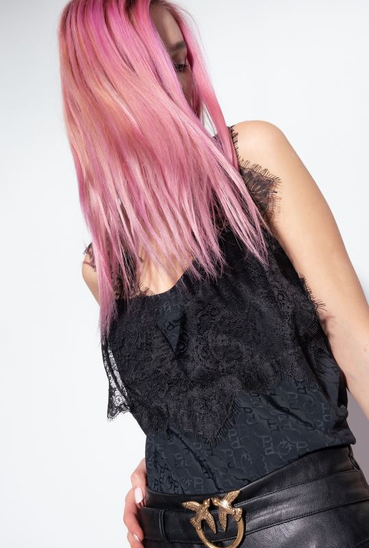 sus | Top cu logo jacquard cu dantela Pinko limuzina neagră B0D08472