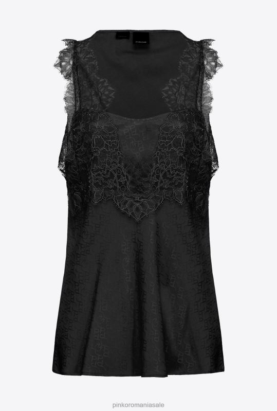 sus | Top cu logo jacquard cu dantela Pinko limuzina neagră B0D08472