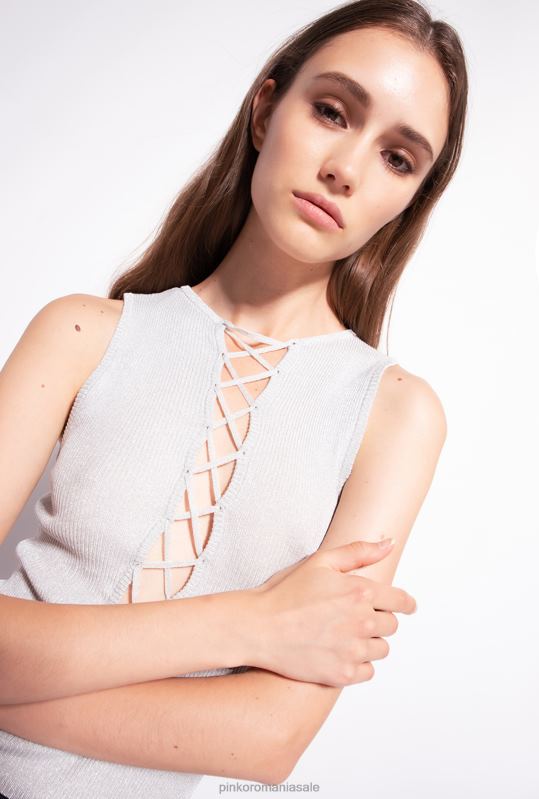 sus | Top din tricot din nervură lurex cu detalii încrucișate Pinko argint metalic B0D08456