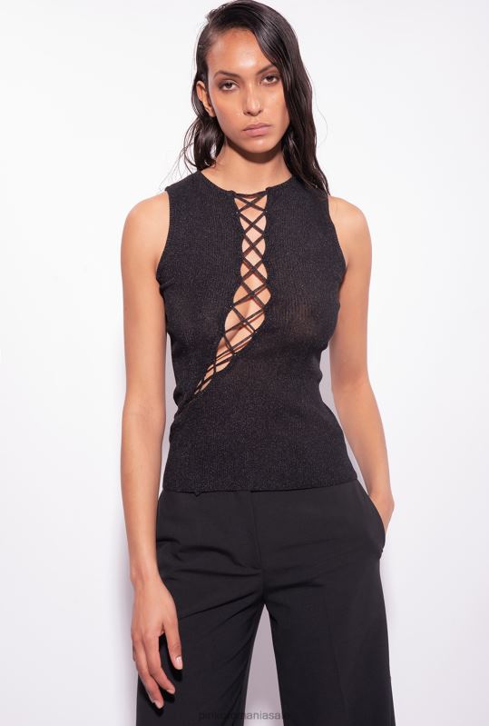 sus | Top din tricot din nervură lurex cu detalii încrucișate Pinko limuzina neagră B0D08457