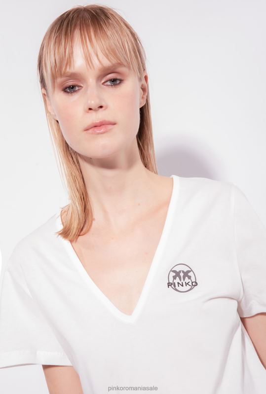 tricou | tricou cu decolteu in V cu logo Pinko alb de mătase B0D08399