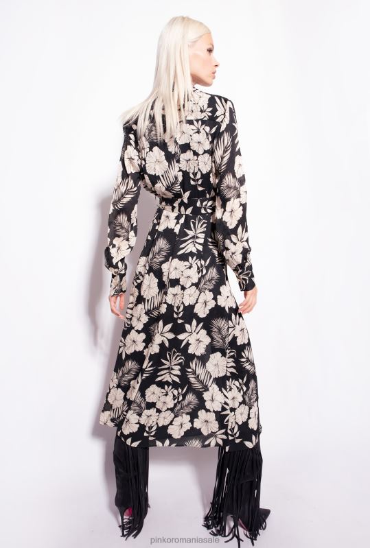 rochii lungi | rochie cămașă cu flori florale Pinko negru/unt B0D0853