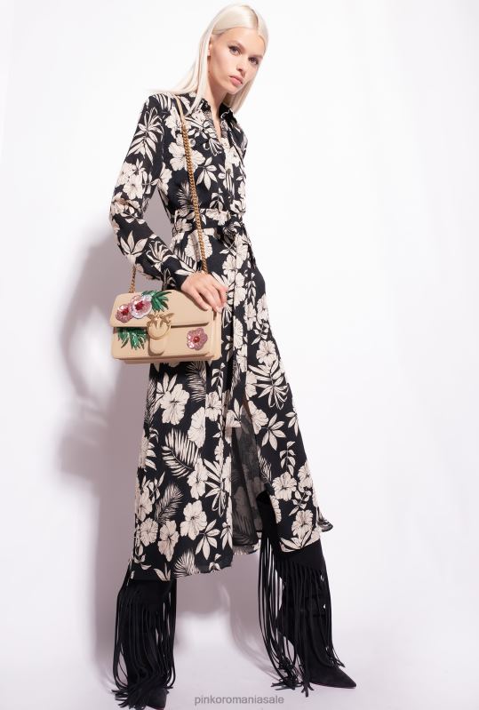 rochii lungi | rochie cămașă cu flori florale Pinko negru/unt B0D0853