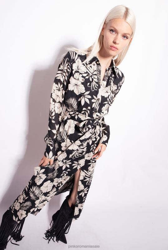 rochii lungi | rochie cămașă cu flori florale Pinko negru/unt B0D0853
