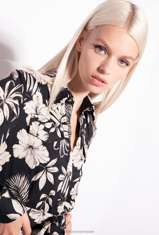 rochii lungi | rochie cămașă cu flori florale Pinko negru/unt B0D0853