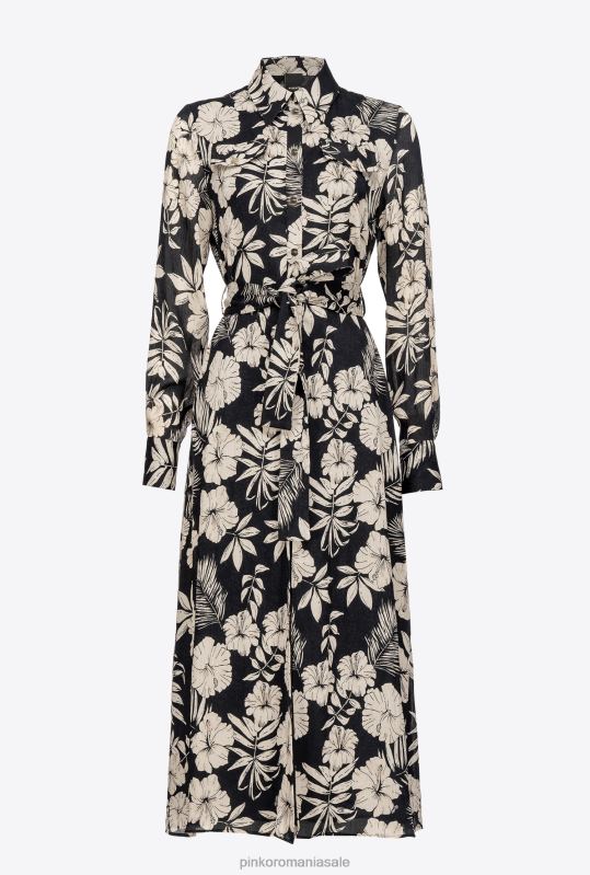 rochii lungi | rochie cămașă cu flori florale Pinko negru/unt B0D0853
