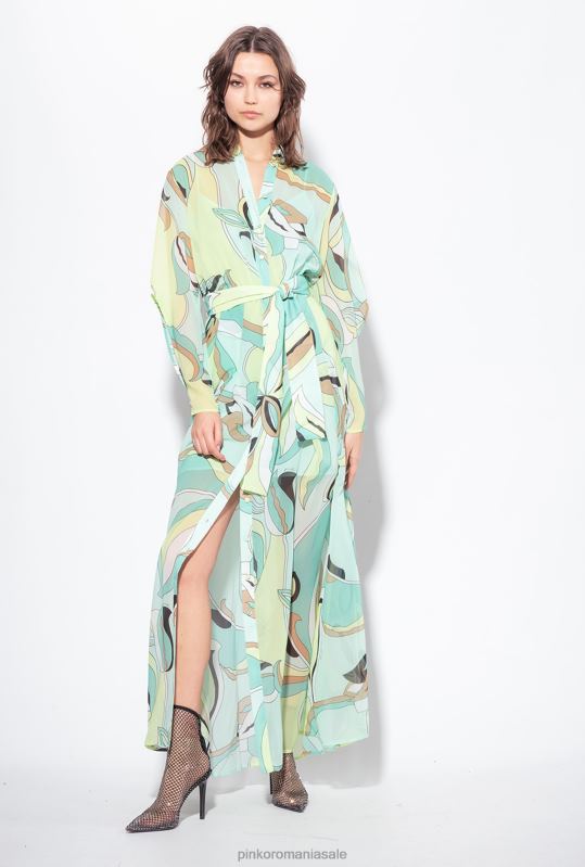 rochii lungi | rochie cămașă din voile cu imprimeu cu boboci de flori Pinko multicolor - verde aqua/bej B0D0837