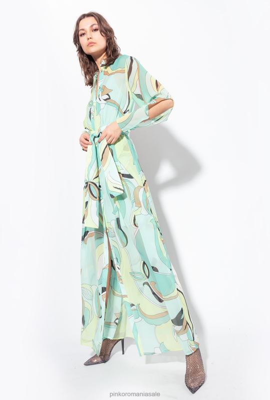 rochii lungi | rochie cămașă din voile cu imprimeu cu boboci de flori Pinko multicolor - verde aqua/bej B0D0837