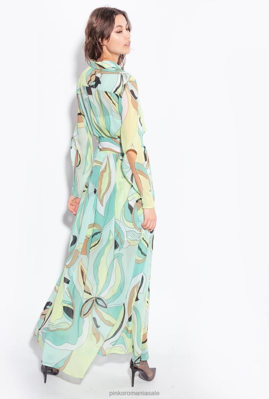 rochii lungi | rochie cămașă din voile cu imprimeu cu boboci de flori Pinko multicolor - verde aqua/bej B0D0837