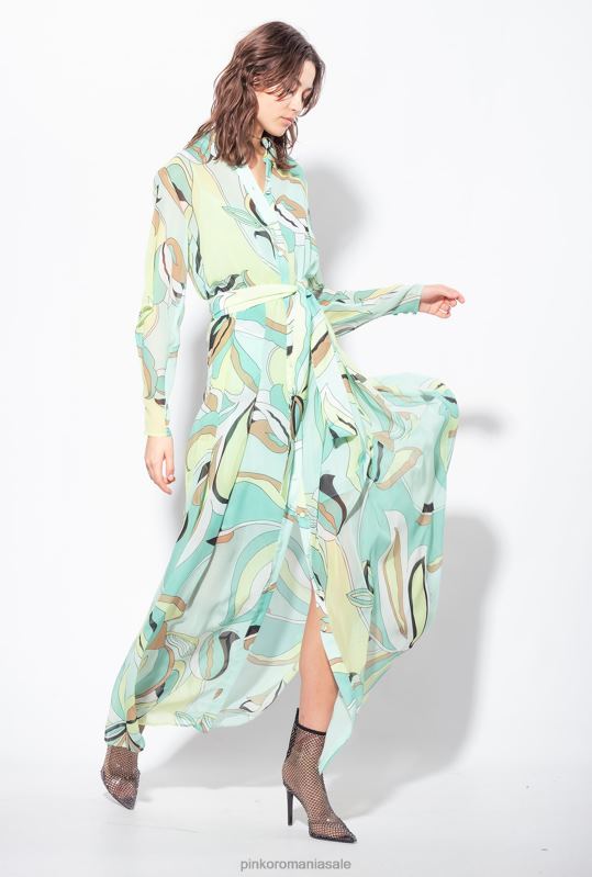 rochii lungi | rochie cămașă din voile cu imprimeu cu boboci de flori Pinko multicolor - verde aqua/bej B0D0837