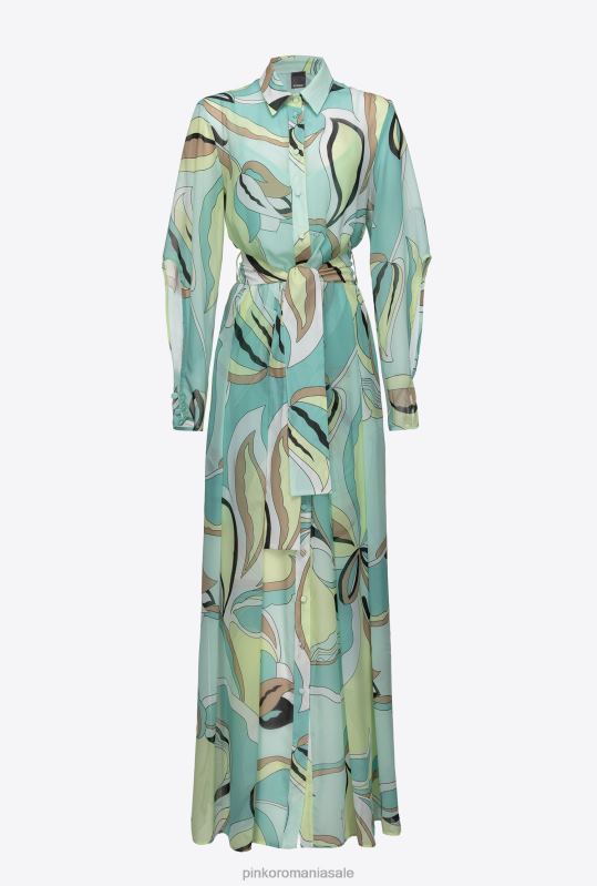 rochii lungi | rochie cămașă din voile cu imprimeu cu boboci de flori Pinko multicolor - verde aqua/bej B0D0837