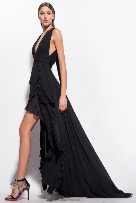 rochii lungi | rochie lunga cu volane Pinko limuzina neagră B0D08186