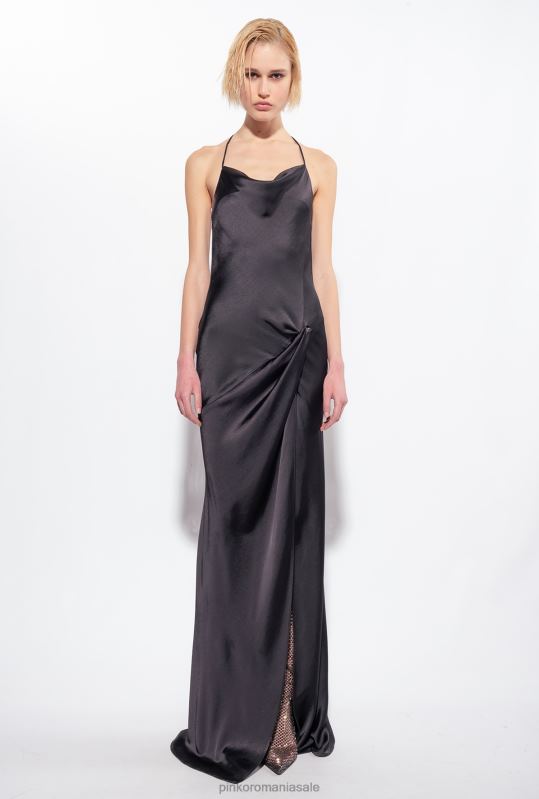 rochii lungi | rochie lunga din satin cu detaliu inel Pinko limuzina neagră B0D0848