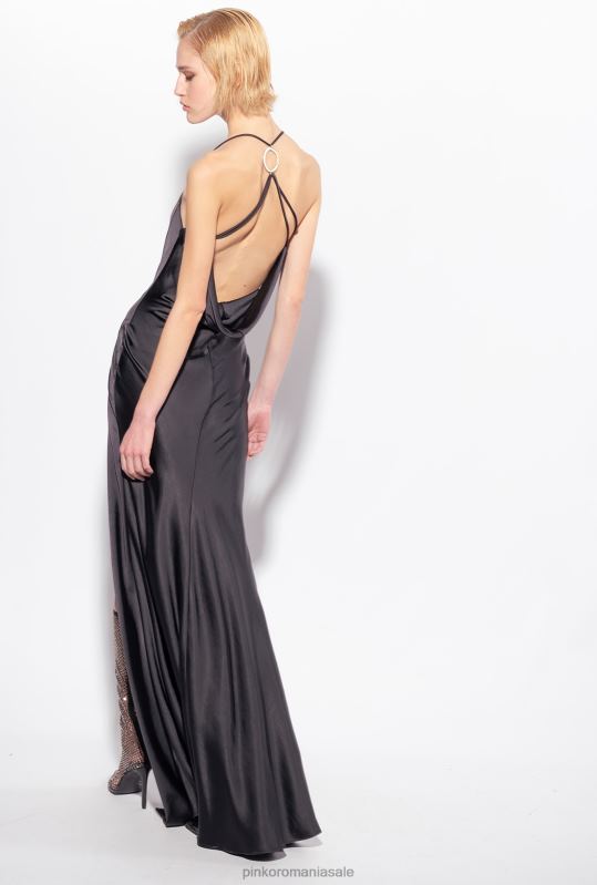 rochii lungi | rochie lunga din satin cu detaliu inel Pinko limuzina neagră B0D0848