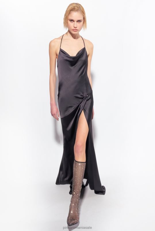 rochii lungi | rochie lunga din satin cu detaliu inel Pinko limuzina neagră B0D0848