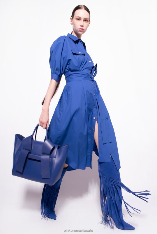 rochii de lungime mijlocie | rochie cămașă din popelin de bumbac cu eșarcă Pinko albastru B0D0840