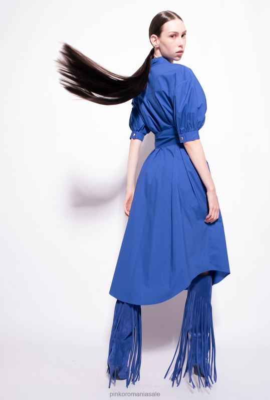 rochii de lungime mijlocie | rochie cămașă din popelin de bumbac cu eșarcă Pinko albastru B0D0840