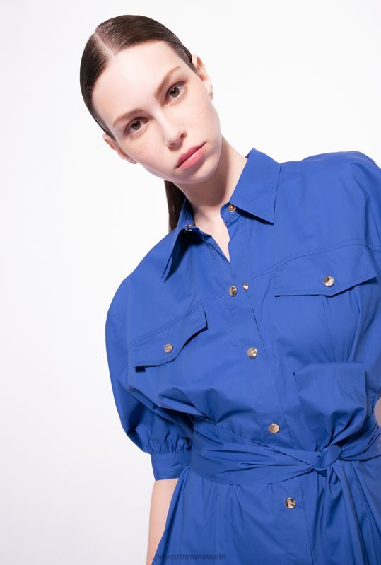 rochii de lungime mijlocie | rochie cămașă din popelin de bumbac cu eșarcă Pinko albastru B0D0840