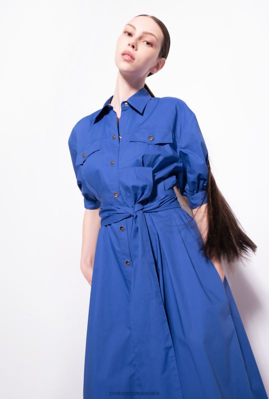 rochii de lungime mijlocie | rochie cămașă din popelin de bumbac cu eșarcă Pinko albastru B0D0840