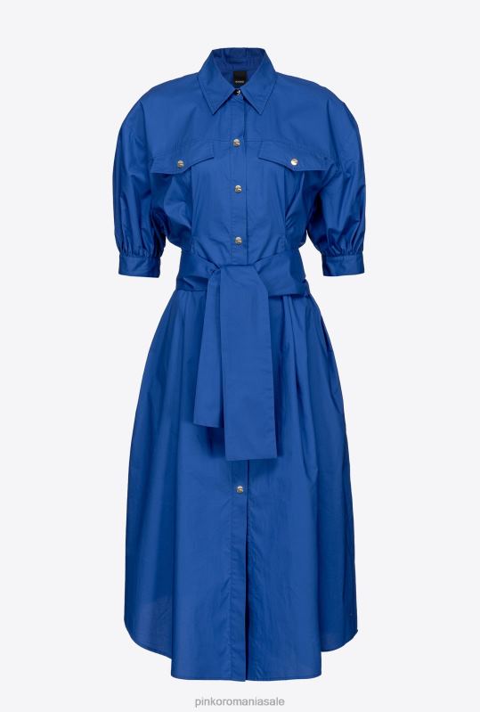 rochii de lungime mijlocie | rochie cămașă din popelin de bumbac cu eșarcă Pinko albastru B0D0840