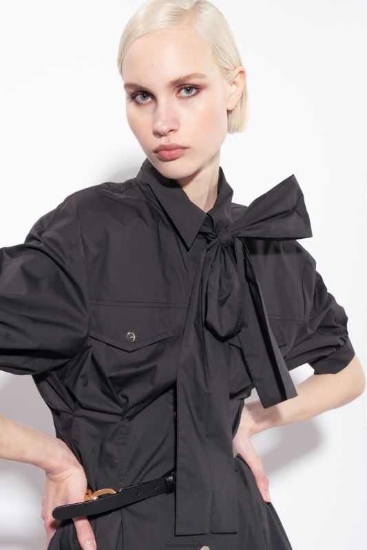 rochii de lungime mijlocie | rochie cămașă din popelin de bumbac cu eșarcă Pinko limuzina neagră B0D0839