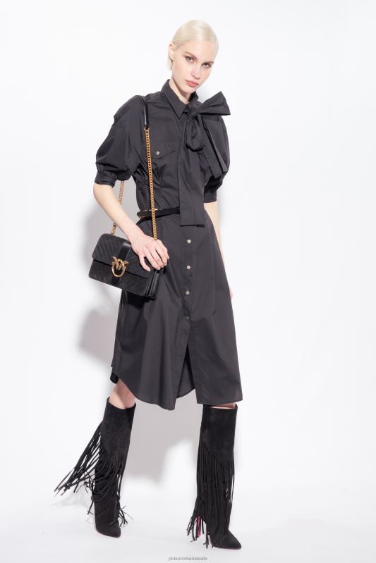 rochii de lungime mijlocie | rochie cămașă din popelin de bumbac cu eșarcă Pinko limuzina neagră B0D0839