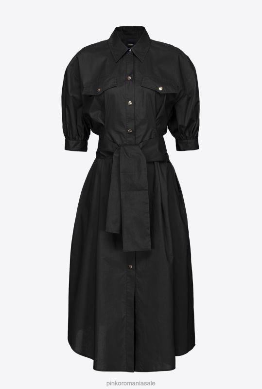 rochii de lungime mijlocie | rochie cămașă din popelin de bumbac cu eșarcă Pinko limuzina neagră B0D0839
