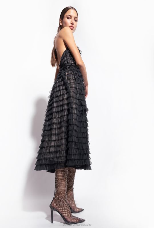 rochii de lungime mijlocie | rochie midi din tul cu volane Pinko negru/nud B0D08116