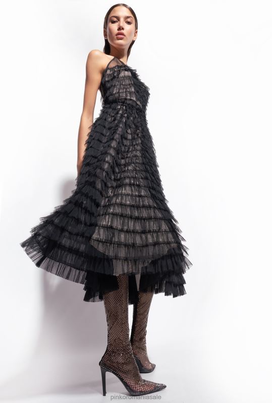 rochii de lungime mijlocie | rochie midi din tul cu volane Pinko negru/nud B0D08116