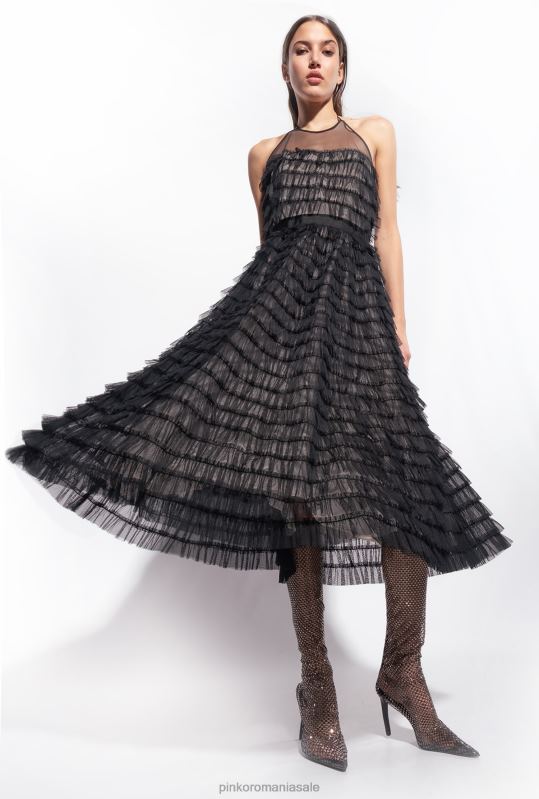 rochii de lungime mijlocie | rochie midi din tul cu volane Pinko negru/nud B0D08116