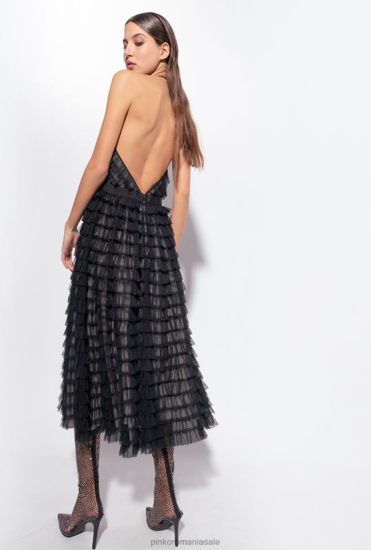 rochii de lungime mijlocie | rochie midi din tul cu volane Pinko negru/nud B0D08116