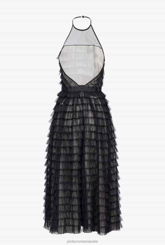 rochii de lungime mijlocie | rochie midi din tul cu volane Pinko negru/nud B0D08116