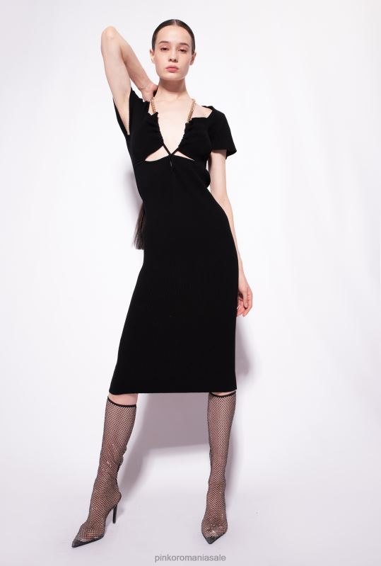 rochii de lungime mijlocie | rochie tricotată până la gambă cu lanț Pinko limuzina neagră B0D0871