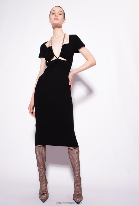 rochii de lungime mijlocie | rochie tricotată până la gambă cu lanț Pinko limuzina neagră B0D0871