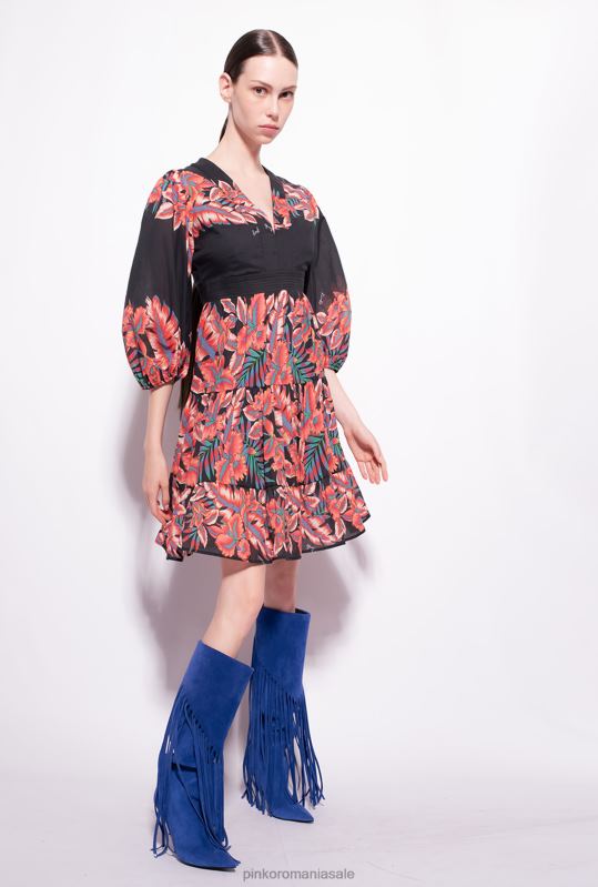 rochii scurte | rochie din bumbac cu imprimeu tropical Pinko multi. negru/rosu B0D0882