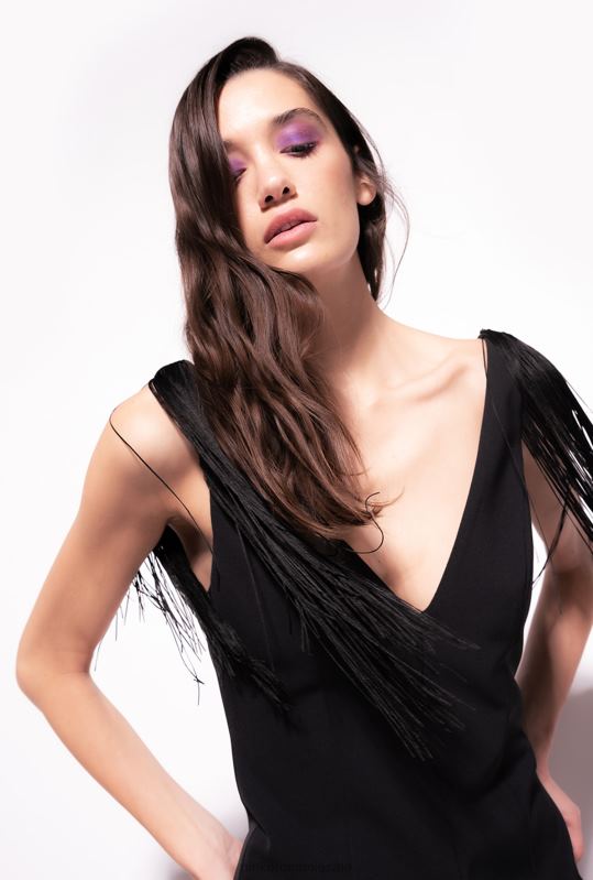 rochii scurte | rochie mini cu franjuri pe umeri Pinko limuzina neagră B0D0828