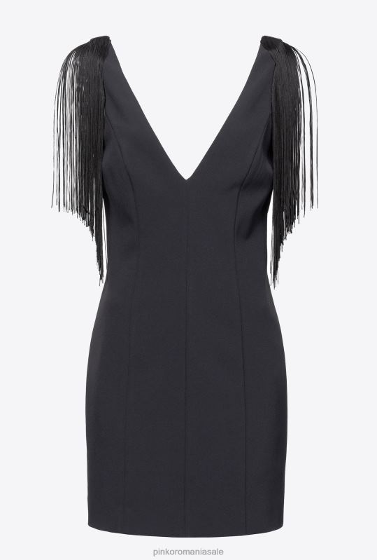 rochii scurte | rochie mini cu franjuri pe umeri Pinko limuzina neagră B0D0828