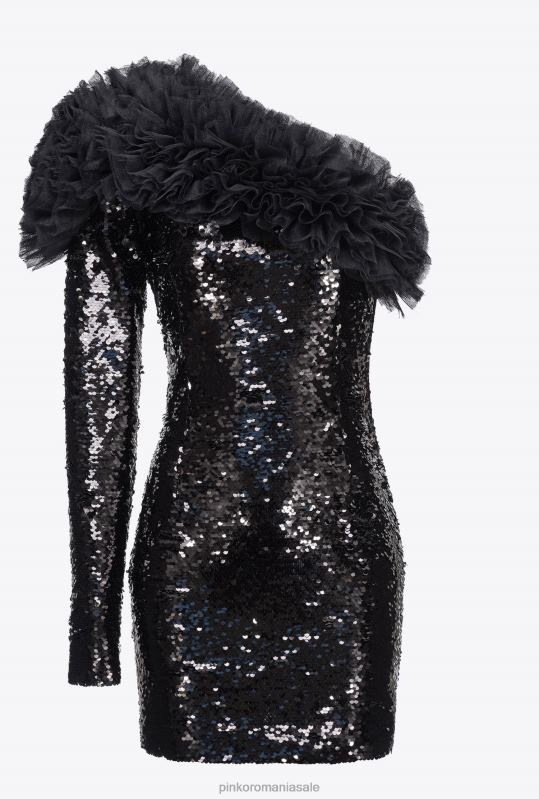 rochii scurte | rochie mini cu un singur umăr complet paiete Pinko limuzina neagră B0D08173